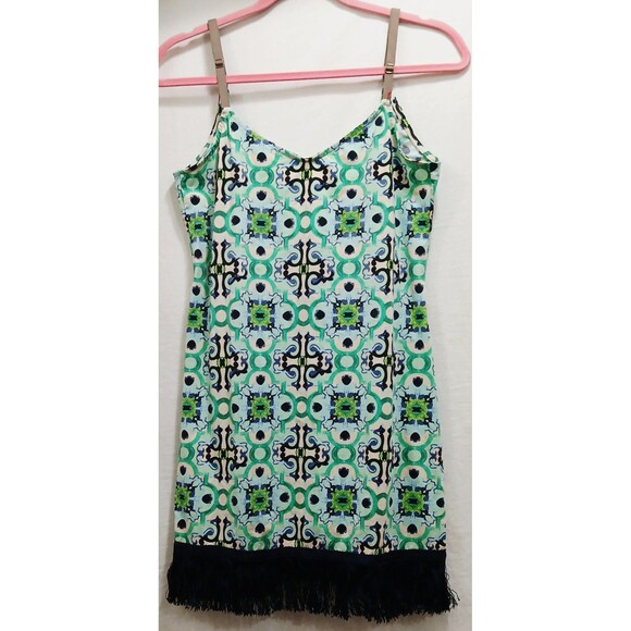 Maaji Swim Cover Up Dress Women’s M Green Black Geometric Fringe Hem Boho Resort - Picture 1 of 8